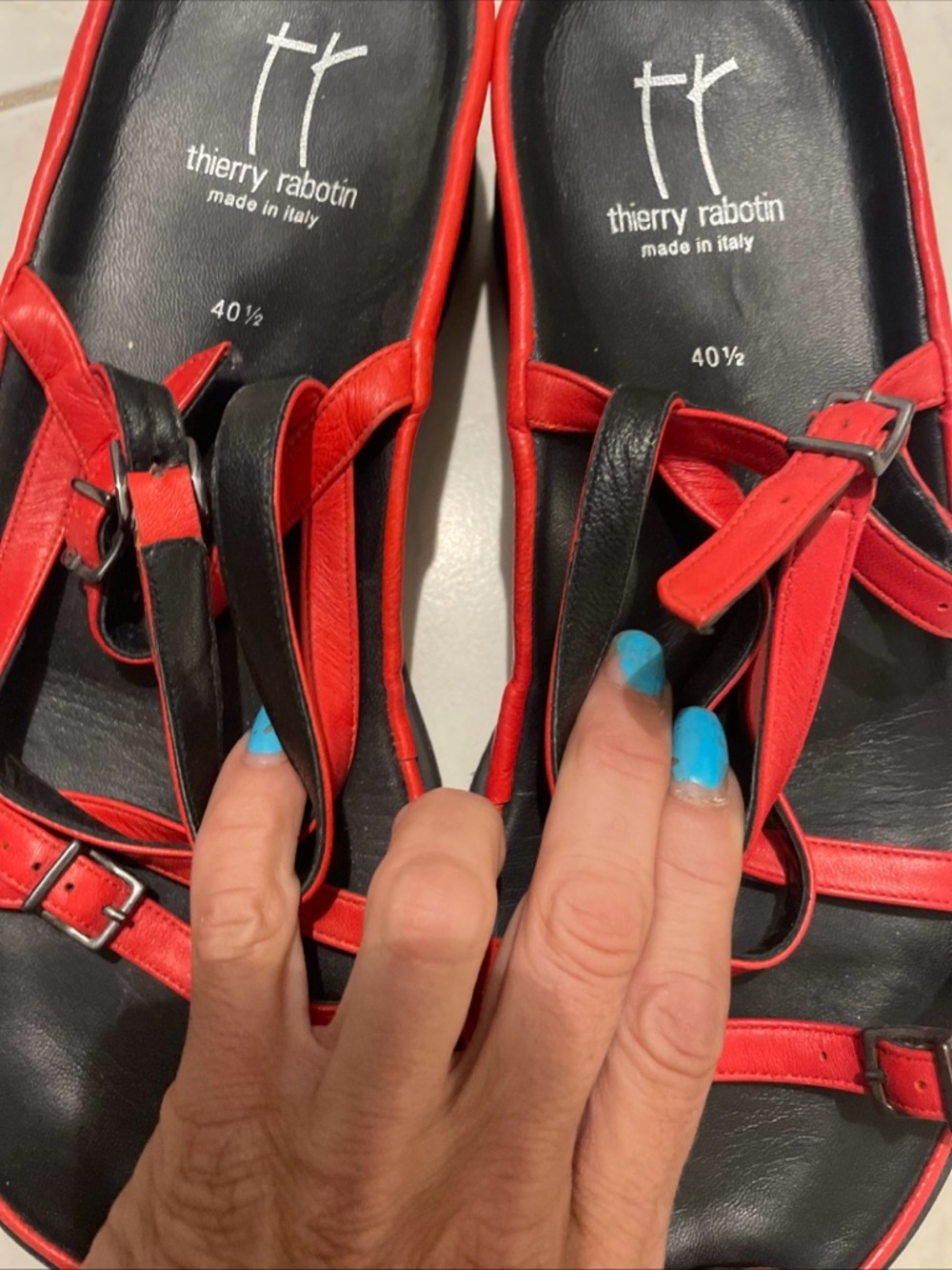 Thierry Rabotin size 40.5 Red Wave Strappy Leather Buckle closure Sandals - Picture 6 of 15